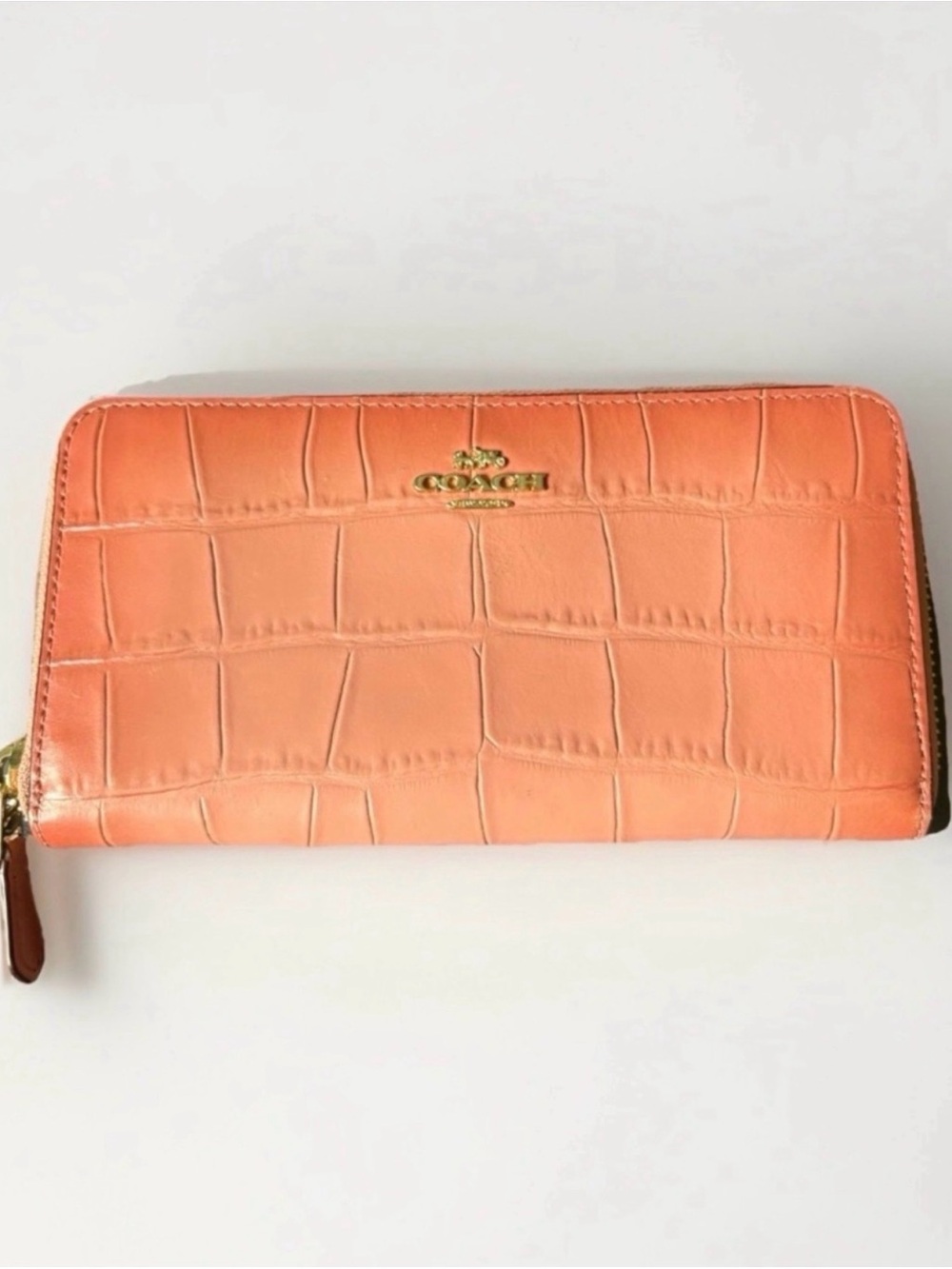 Coach Coral Croc-Embossed Zip Wallet with Gold Logo